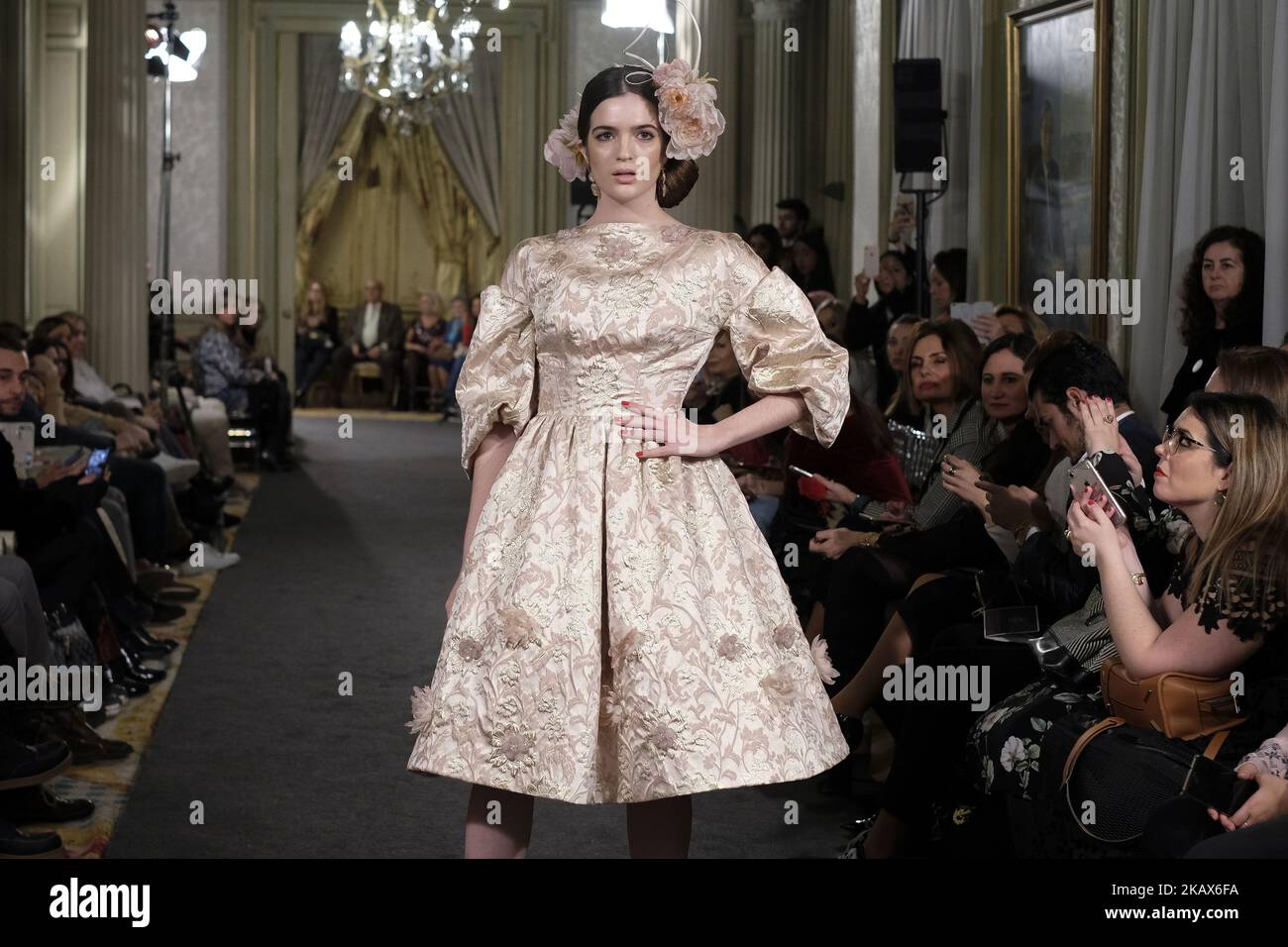 A Model shows a EMILIO SALINAS design during fashion week ATELIER COUTURE fashionable bridal and luxury in ceremony at the Fernan Nunez Palace in Madrid March 15, 2018 (Photo by Oscar Gonzalez/NurPhoto) Stock Photo