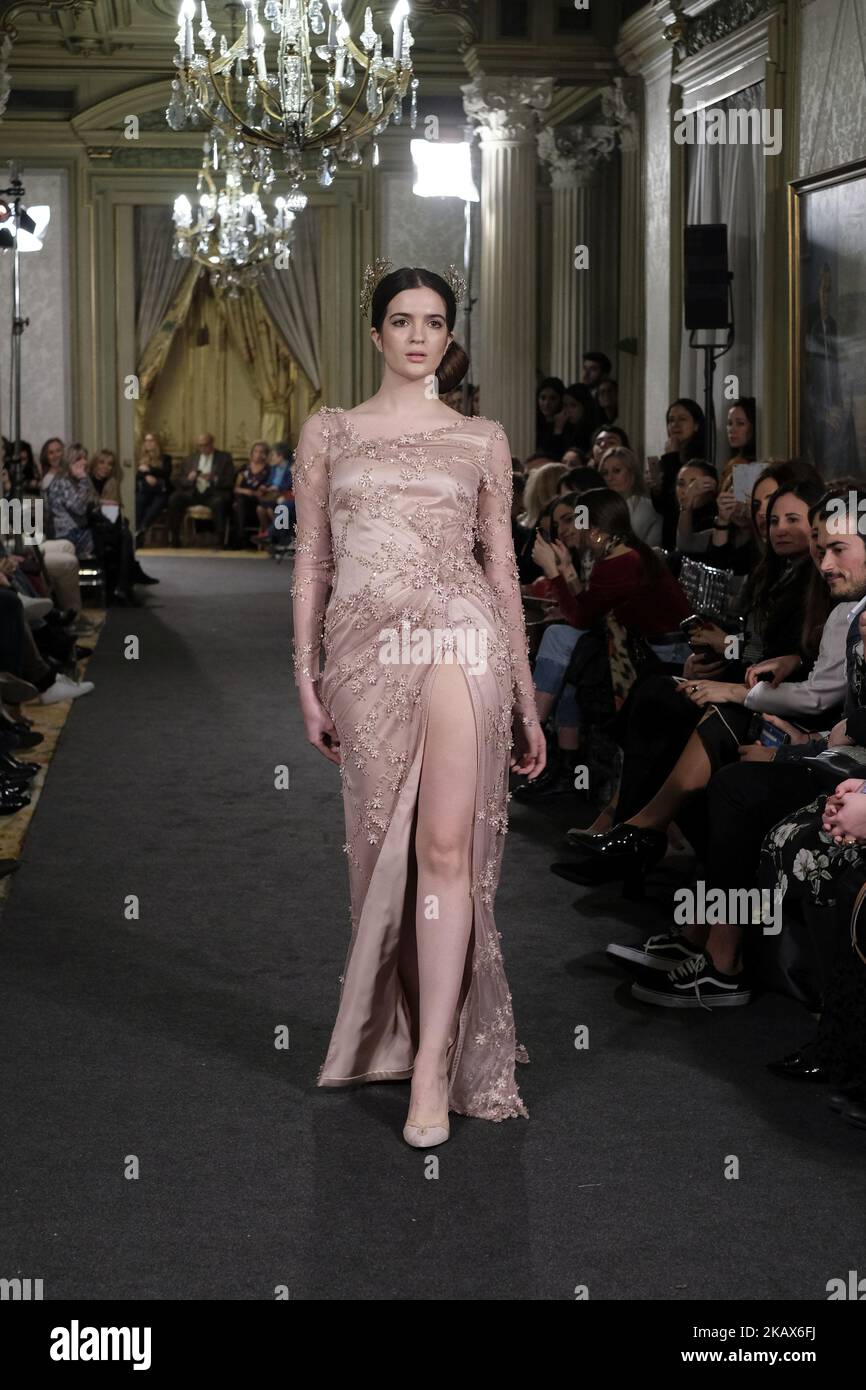 A Model shows a EMILIO SALINAS design during fashion week ATELIER COUTURE fashionable bridal and luxury in ceremony at the Fernan Nunez Palace in Madrid March 15, 2018 (Photo by Oscar Gonzalez/NurPhoto) Stock Photo