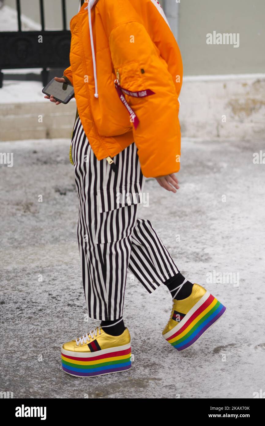 A guest is seen on street during the Mercedes Benz Fashion Week Russia Fall/Winter 2018 -2019 day six on March 15, 2018 in Moscow, Russia. (Photo by Nataliya Petrova/NurPhoto) Stock Photo