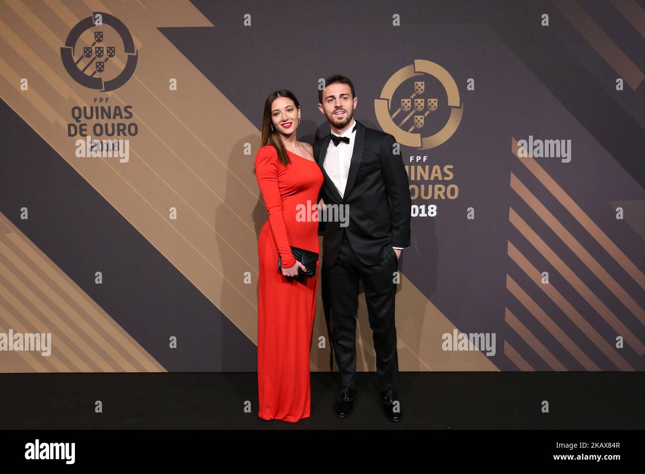 Bernardo Silva (R) poses on arrival at 'Quinas de Ouro' 2018 ceremony held and the Pavilhao Carlos Lopes in Lisbon, Portugal on March 19, 2018. (Photo by Bruno Barros / DPI / NurPhoto) Stock Photo