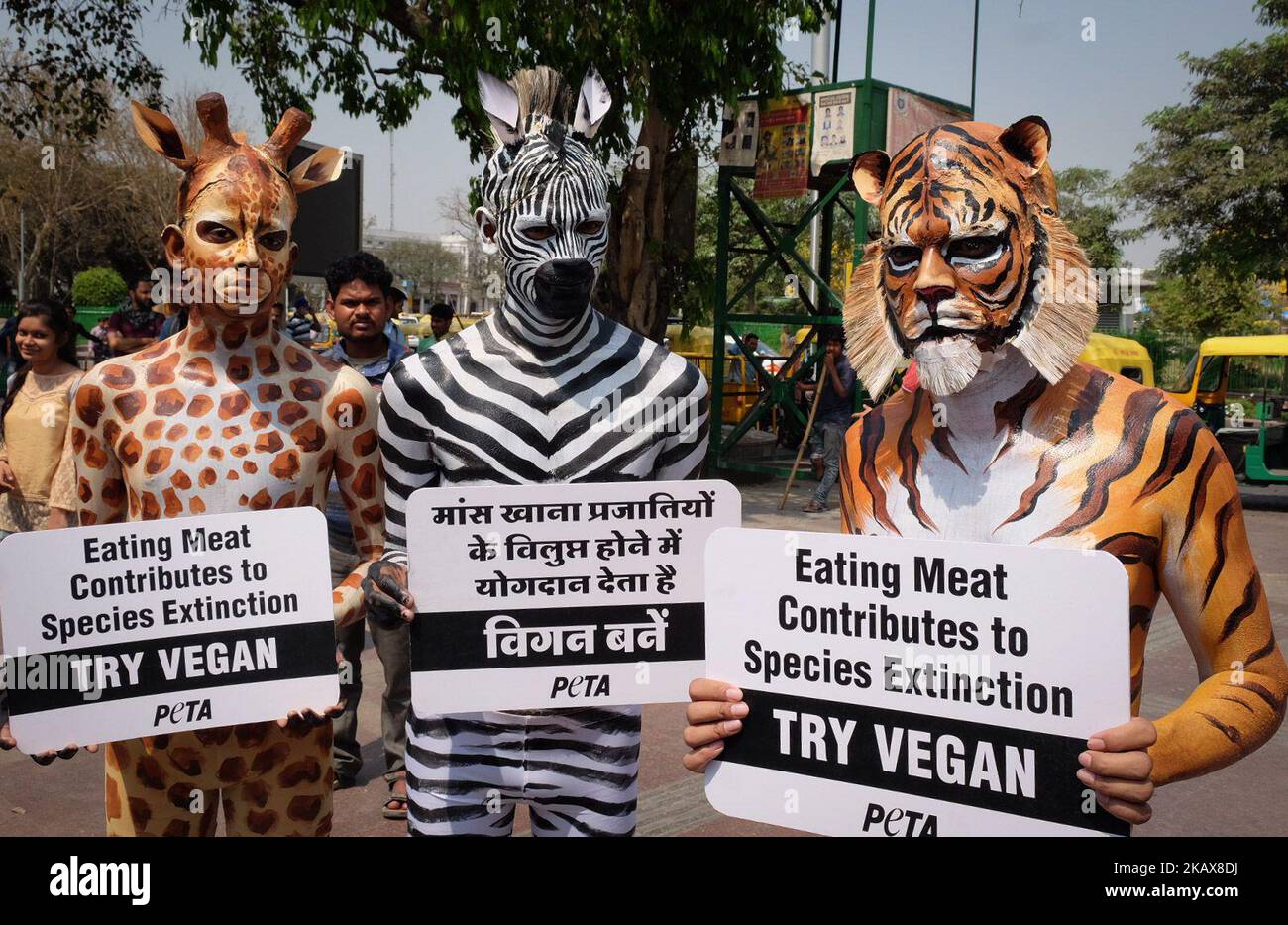 people-for-the-ethical-treatment-of-animals-peta-members-body-painted-as-a-tiger-zebra-and-giraffe-stand-with-signs-promoting-vegan-eating-ahead-of-international-day-of-forests-in-new-delhi-on-march-20-2018-peta-india-activists-gathered-to-alert-people-that-eating-meat-contributes-to-species-extinction-and-urge-people-to-turn-vegan-for-environmental-protection-photo-by-sahiba-chawdharynurphoto-2KAX8DJ.jpg