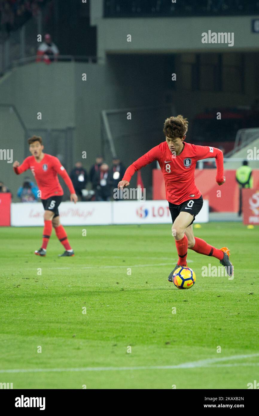 Lee Jae-sung during the international friendly soccer match between Poland and South Korea national football teams, at the Silesian Stadium in Chorzow, Poland on March 27, 2018 (Photo by Mateusz Wlodarczyk/NurPhoto) Stock Photo