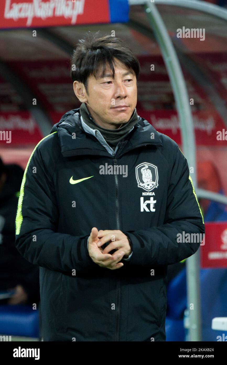 Coach Shin Tae-yong during the international friendly soccer match between Poland and South Korea national football teams, at the Silesian Stadium in Chorzow, Poland on March 27, 2018 (Photo by Mateusz Wlodarczyk/NurPhoto) Stock Photo