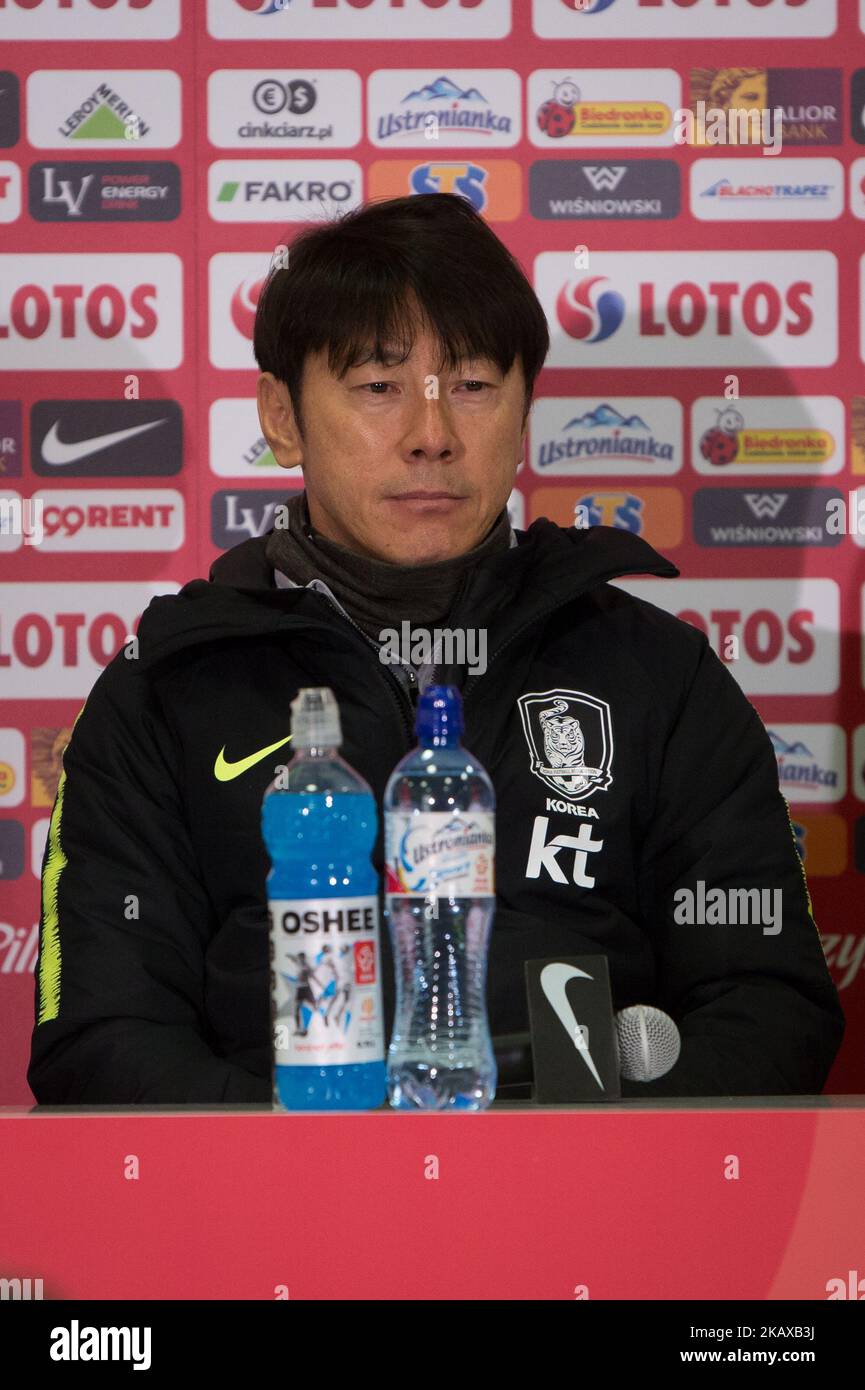 Coach Shin Tae-yong at press conference after the international friendly soccer match between Poland and South Korea national football teams, at the Silesian Stadium in Chorzow, Poland on March 27, 2018 (Photo by Mateusz Wlodarczyk/NurPhoto) Stock Photo