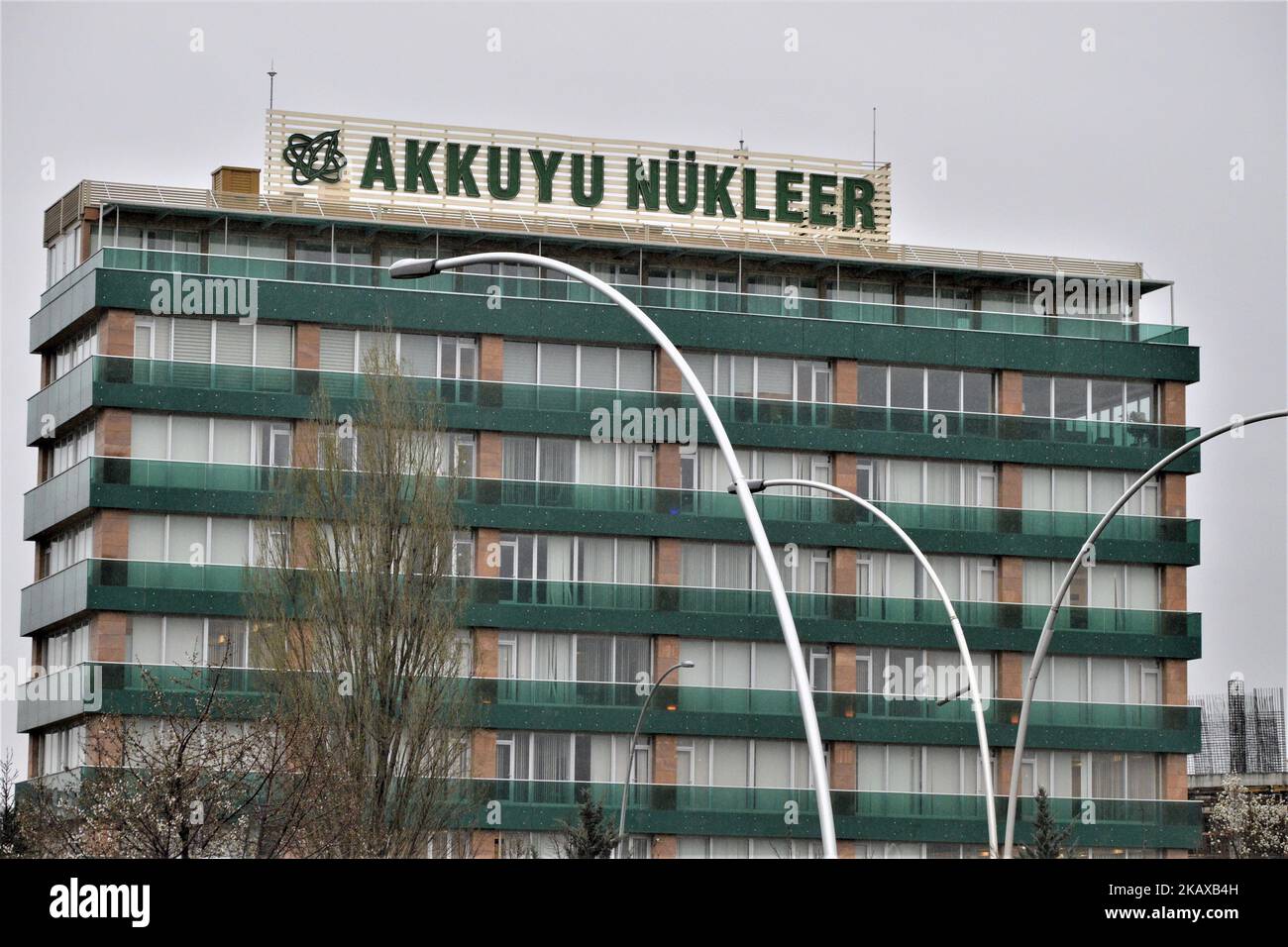 An exterior view of the Akkuyu Nuclear Joint Stock Company Head Office is pictured in the Sogutozu district of Ankara, Turkey on March 29, 2018. Akkuyu is a joint project developed by the governments of Russia and Turkey to build and operate a nuclear power plant in the Turkish southern coastal city of Mersin. (Photo by Altan Gocher/NurPhoto) Stock Photo