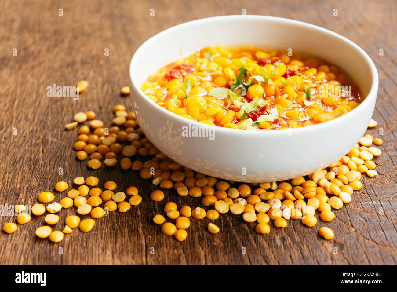 Yellow split peas with spicy tempering Stock Photo