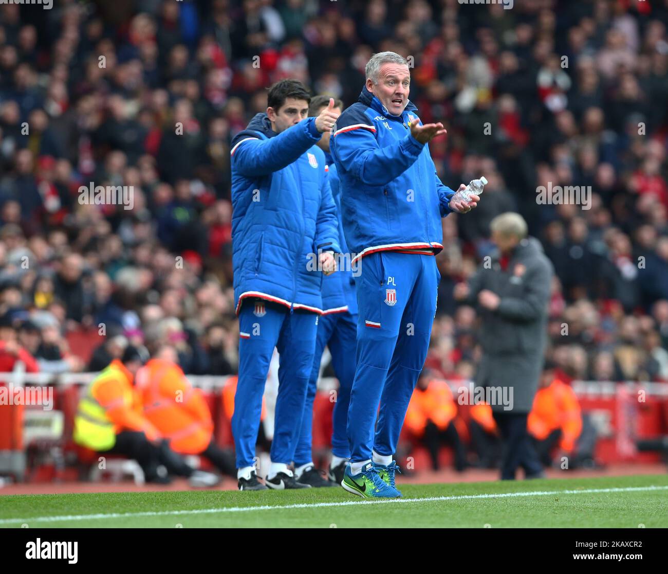 L-R Assistant Manager: Stuart Taylor and Stoke City manager Paul Lambert during English Premier League match between Arsenal against Stoke City at Emirates stadium, London England on 01 April 2018 (Photo by Kieran Galvin/NurPhoto) Stock Photo