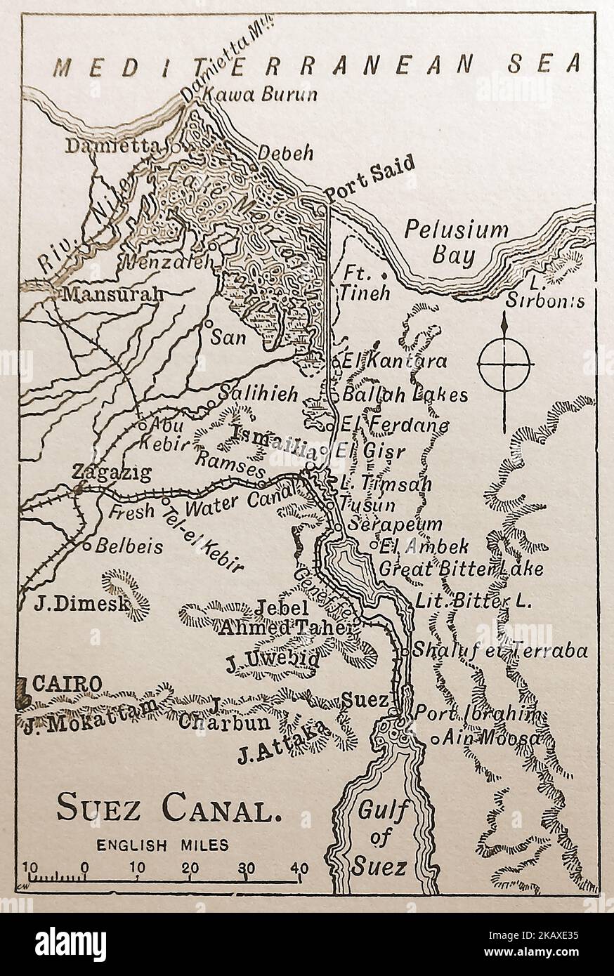 A late 19thcentury map of the Suez Canal region.  ----    خريطة أواخر القرن 19 لمنطقة قناة السويس.  ----   Une carte de la fin du 19ème siècle de la région du canal de Suez.  ---  Um mapa do final do século XIX da região do Canal do Suez. Stock Photo