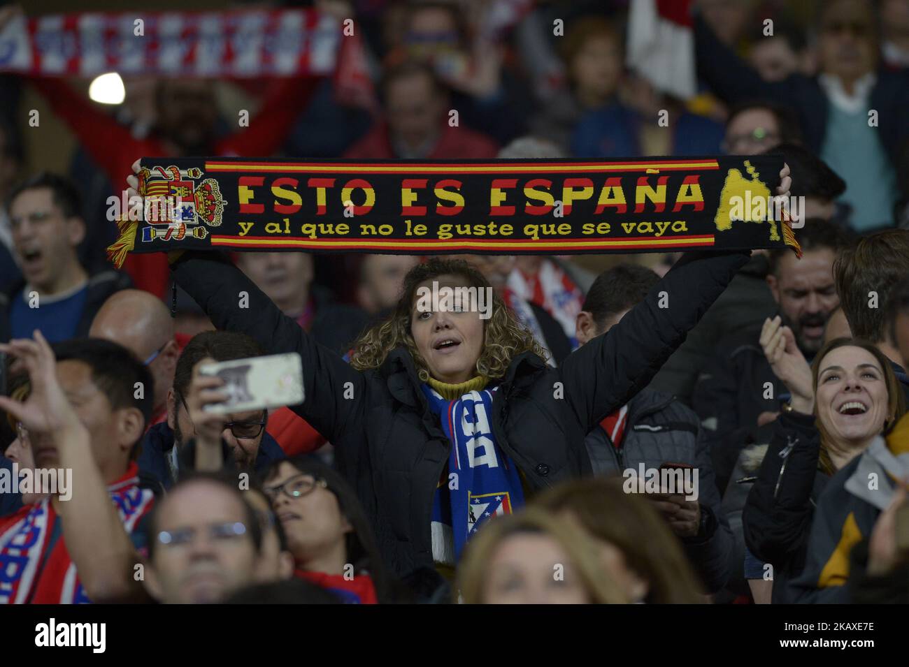 A fan of Atletico de Madrid during a match between Atletico de Madrid vs Sporting Club de Portugal for the UEFA Europa League quarter final at Wanda Metropolitano Stadium on April 5, 2018 in Madrid, Spain. (Photo by Patricio Realpe/ChakanaNews) Stock Photo