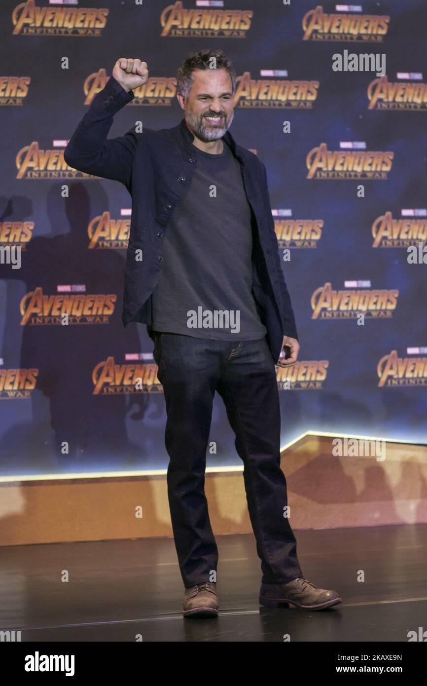 Actor Mark Ruffalo (starring as Hulk) is seen speaking during press conference of Avengers: Infinity War at Four Season Hotel on April 05, 2018 in Mexico City, Mexico (Photo by Carlos Tischler/NurPhoto) Stock Photo