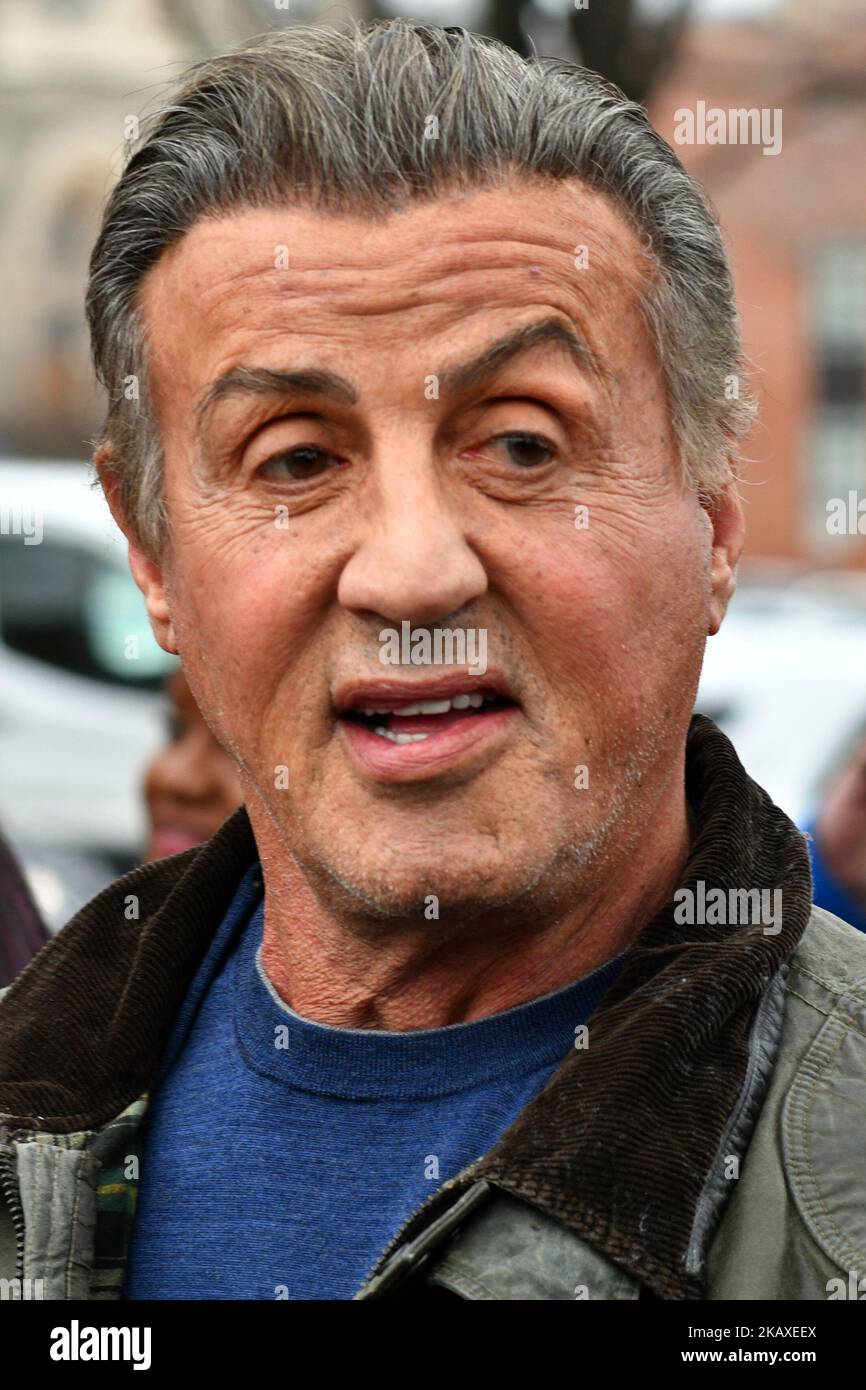Actor, director Sylvester Stallone visits the ‘Rocky statue’ at the Philadelphia Museum of Art, in Philadelphia, PA on April 6, 2018. The legendary Rocky Balboa actor returns to the city for the start of the filming of Creed II. (Photo by Bastiaan Slabbers/NurPhoto) Stock Photo