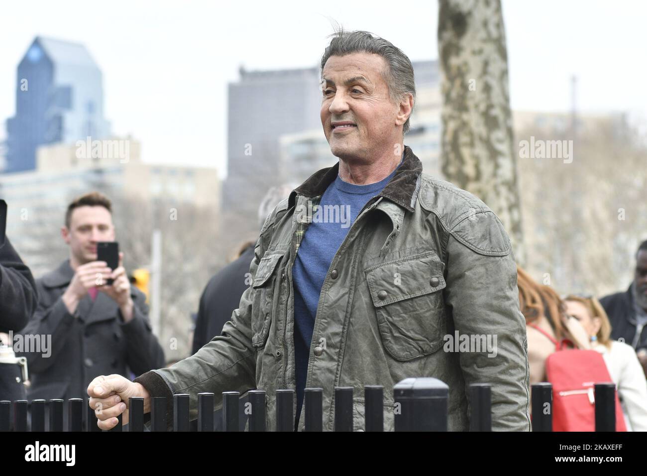 Actor, director Sylvester Stallone visits the Rocky statue at the Philadelphia Museum of Art, in Philadelphia, PA on April 6, 2018. The legendary Rocky Balboa actor returns to the city for the start of the filming of Creed II. (Photo by Bastiaan Slabbers/NurPhoto) Stock Photo