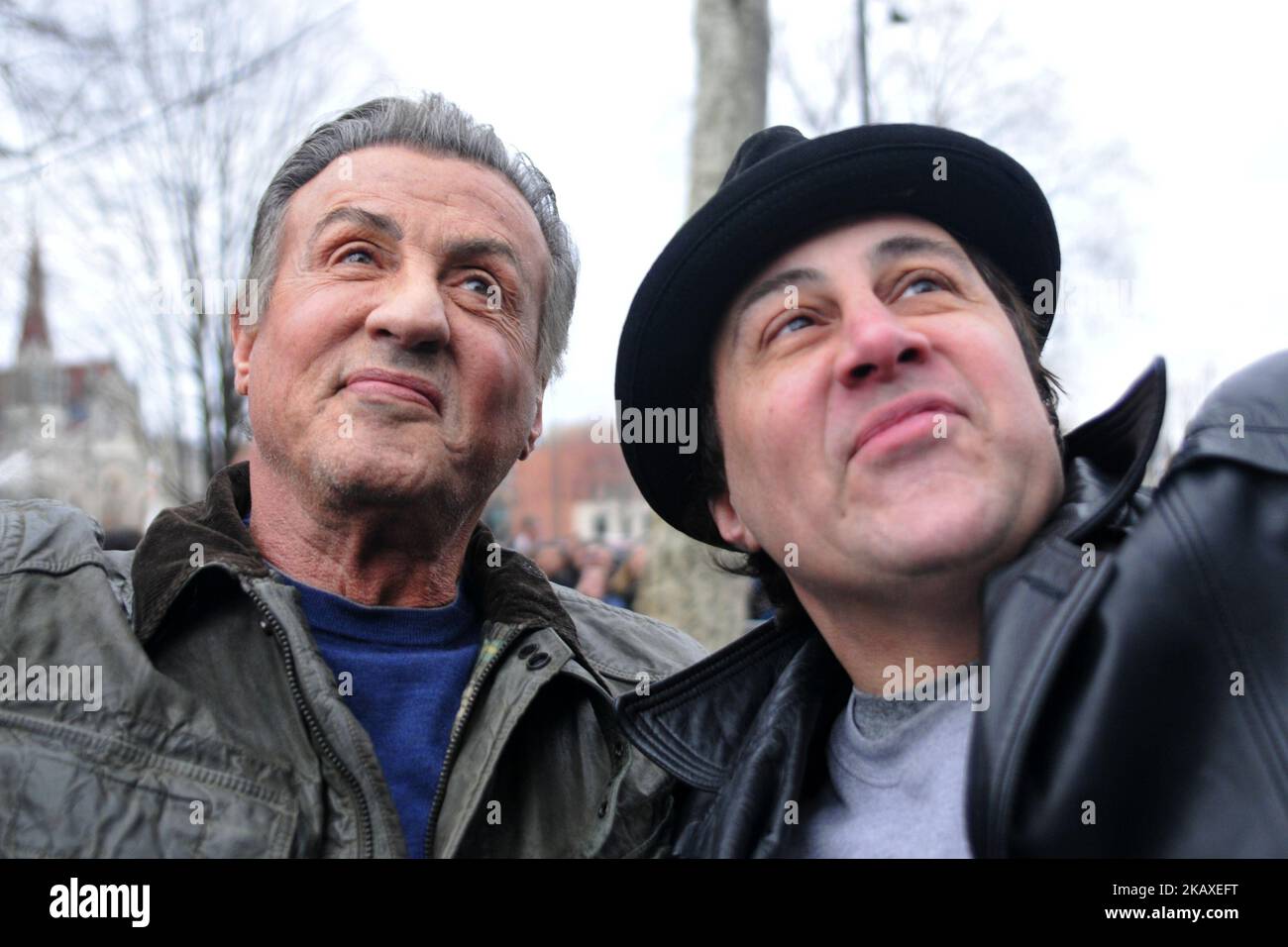 Actor, director Sylvester Stallone visits the ‘Rocky statue’ at the Philadelphia Museum of Art, in Philadelphia, PA on April 6, 2018. The legendary Rocky Balboa actor returns to the city for the start of the filming of Creed II. (Photo by Bastiaan Slabbers/NurPhoto) Stock Photo