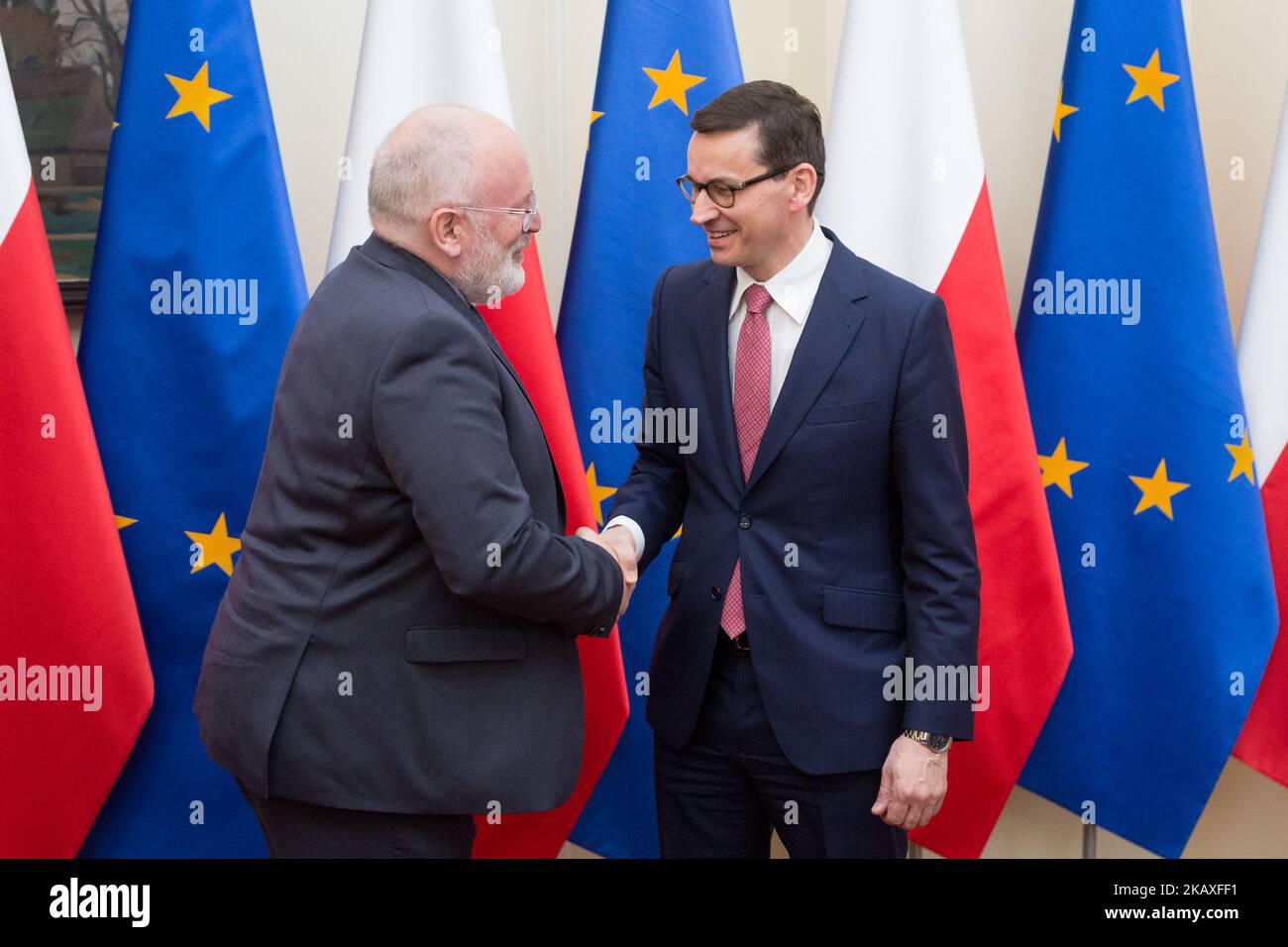 Vice-President of the European Commission Frans Timmermans (L) during the meeting with Prime Minister of Poland Mateusz Morawiecki (R) at Chancellery of the Prime Minister in Warsaw, Poland on 9 April 2018 (Photo by Mateusz Wlodarczyk/NurPhoto) Stock Photo