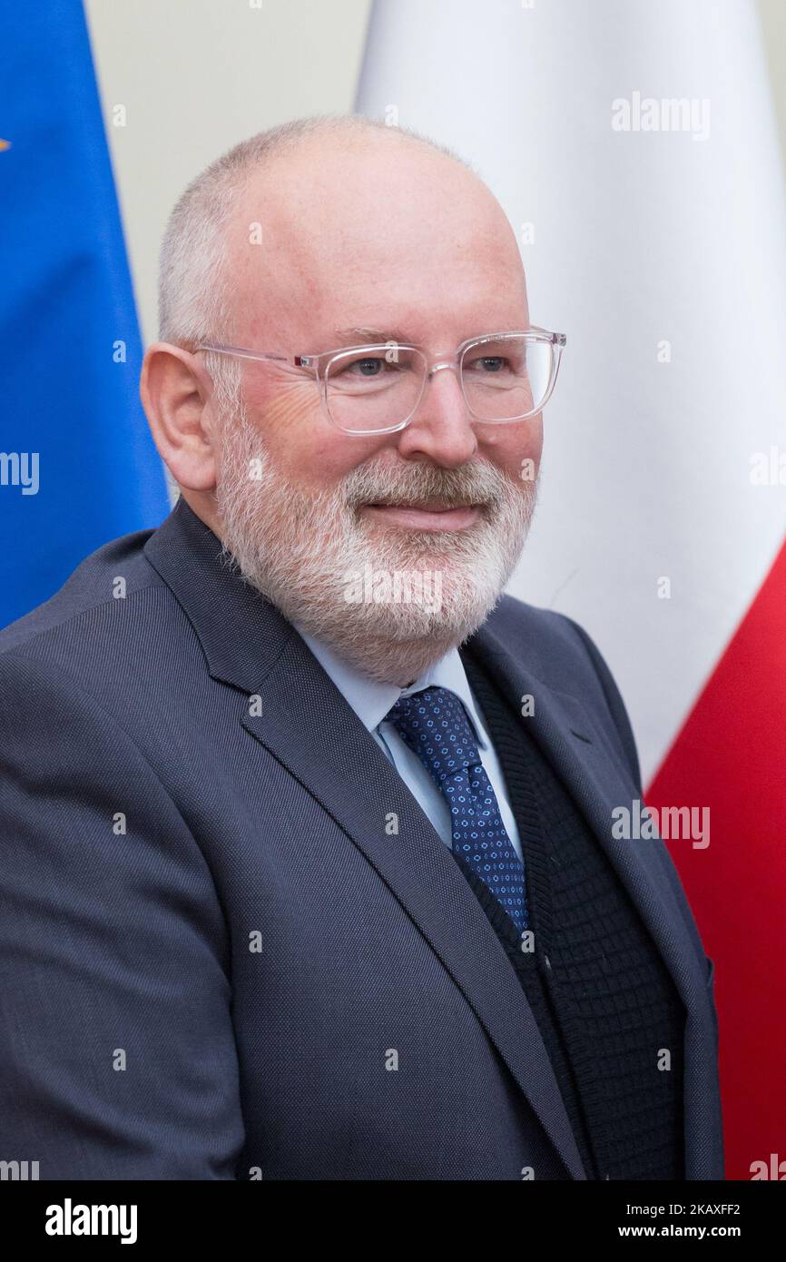 Vice-President of the European Commission Frans Timmermans (C) during the meeting with Prime Minister of Poland Mateusz Morawiecki at Chancellery of the Prime Minister in Warsaw, Poland on 9 April 2018 (Photo by Mateusz Wlodarczyk/NurPhoto) Stock Photo