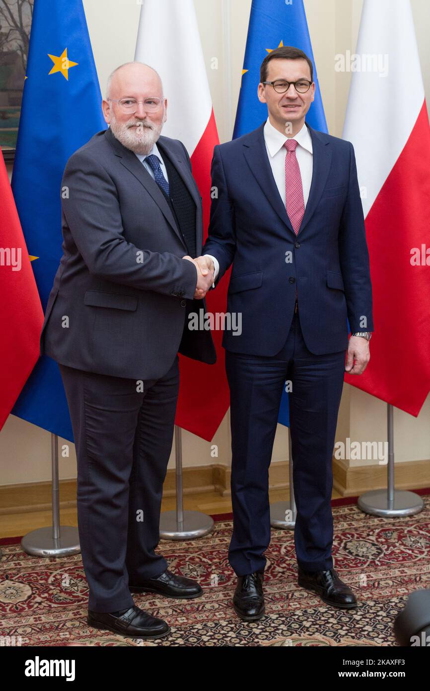 Vice-President of the European Commission Frans Timmermans (L) during the meeting with Prime Minister of Poland Mateusz Morawiecki (R) at Chancellery of the Prime Minister in Warsaw, Poland on 9 April 2018 (Photo by Mateusz Wlodarczyk/NurPhoto) Stock Photo