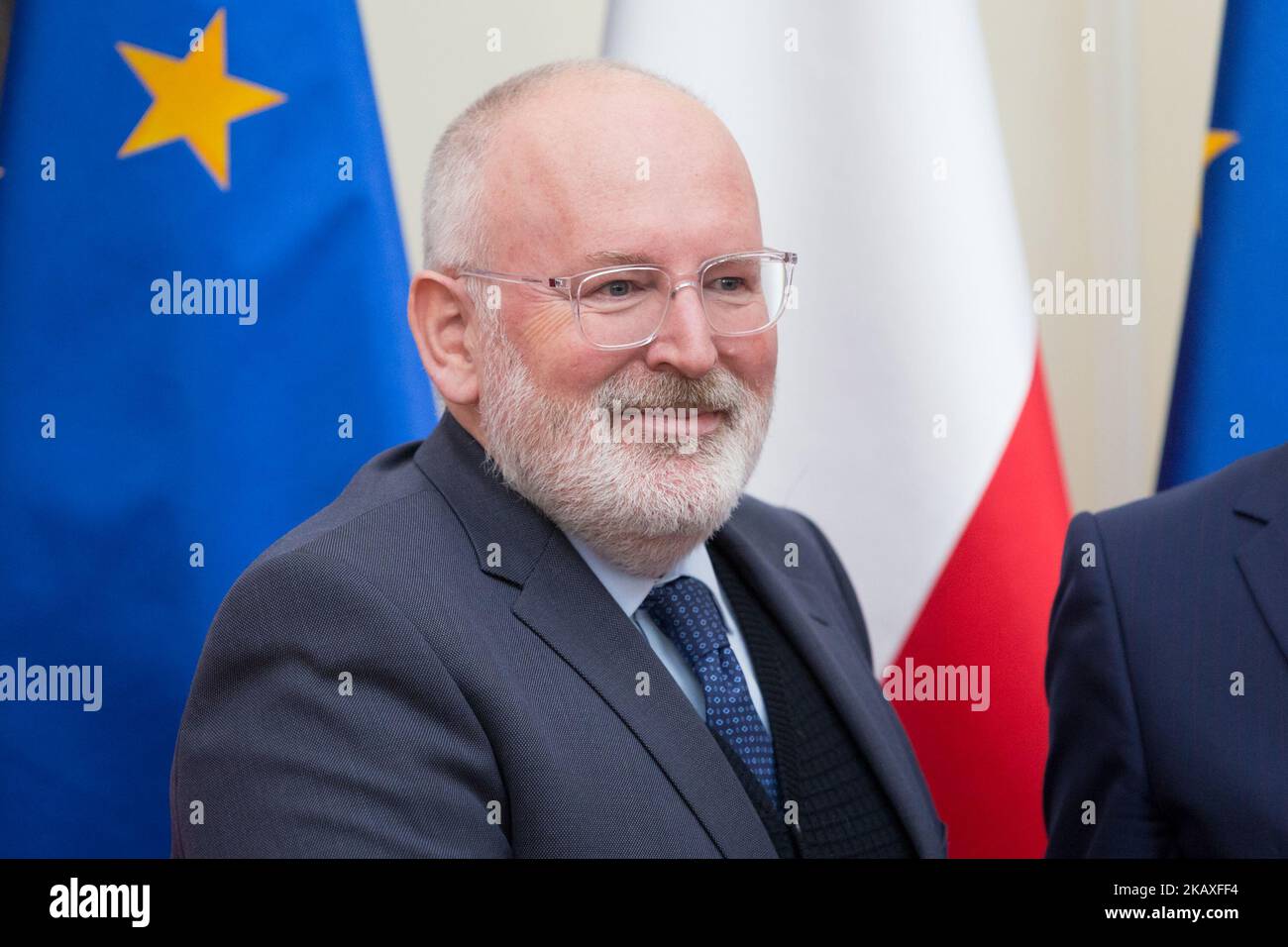 Vice-President of the European Commission Frans Timmermans (C) during the meeting with Prime Minister of Poland Mateusz Morawiecki at Chancellery of the Prime Minister in Warsaw, Poland on 9 April 2018 (Photo by Mateusz Wlodarczyk/NurPhoto) Stock Photo