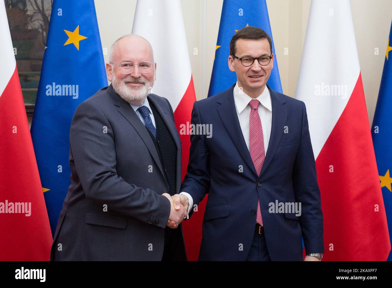 Vice-President of the European Commission Frans Timmermans (L) during the meeting with Prime Minister of Poland Mateusz Morawiecki (R) at Chancellery of the Prime Minister in Warsaw, Poland on 9 April 2018 (Photo by Mateusz Wlodarczyk/NurPhoto) Stock Photo