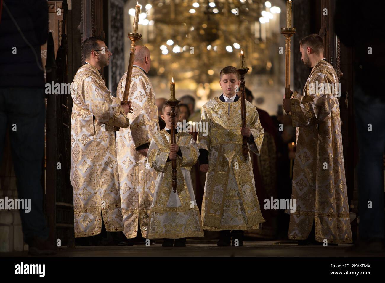 Thousands of Orthodox Christians gathered at the Easter mass at the Church of St. Alexander Nevsky in Sofia, Bulgaria, April 8th, 2018. The Easter mass in the Cathedral St. Alexander Nevski at Sofia is marked by the appearance of 'sacred fire', which was brought from Jerusalem, Sofia, Bulgaria, April 8th, 2018. The liturgy was led by the head of the Bulgarian Orthodox Church - Patriarch Neophyte and H.M. Tsar Simeon II and H.M. Queen Margarita attended at the ceremony. (Photo by Plamen Trifonov/NurPhoto) Stock Photo