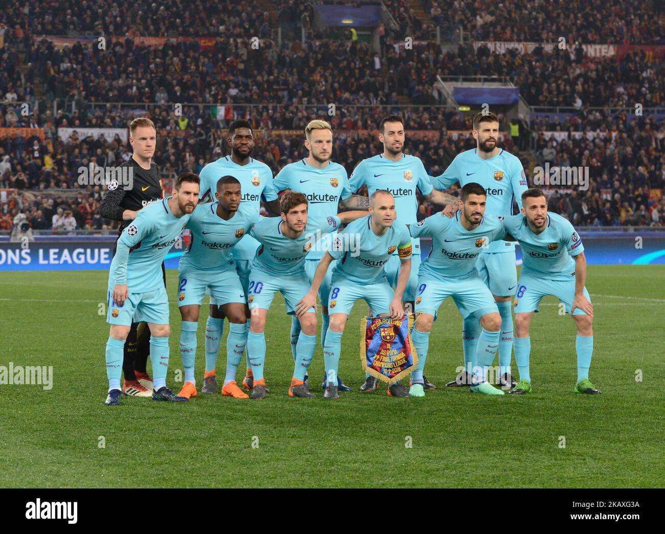 FC Barcellona players during the UEFA Champions League quarter final match between AS Roma and FC Barcelona at the Olympic stadium on April 10, 2018 in Rome, Italy. (Photo by Silvia Lore/NurPhoto) Stock Photo