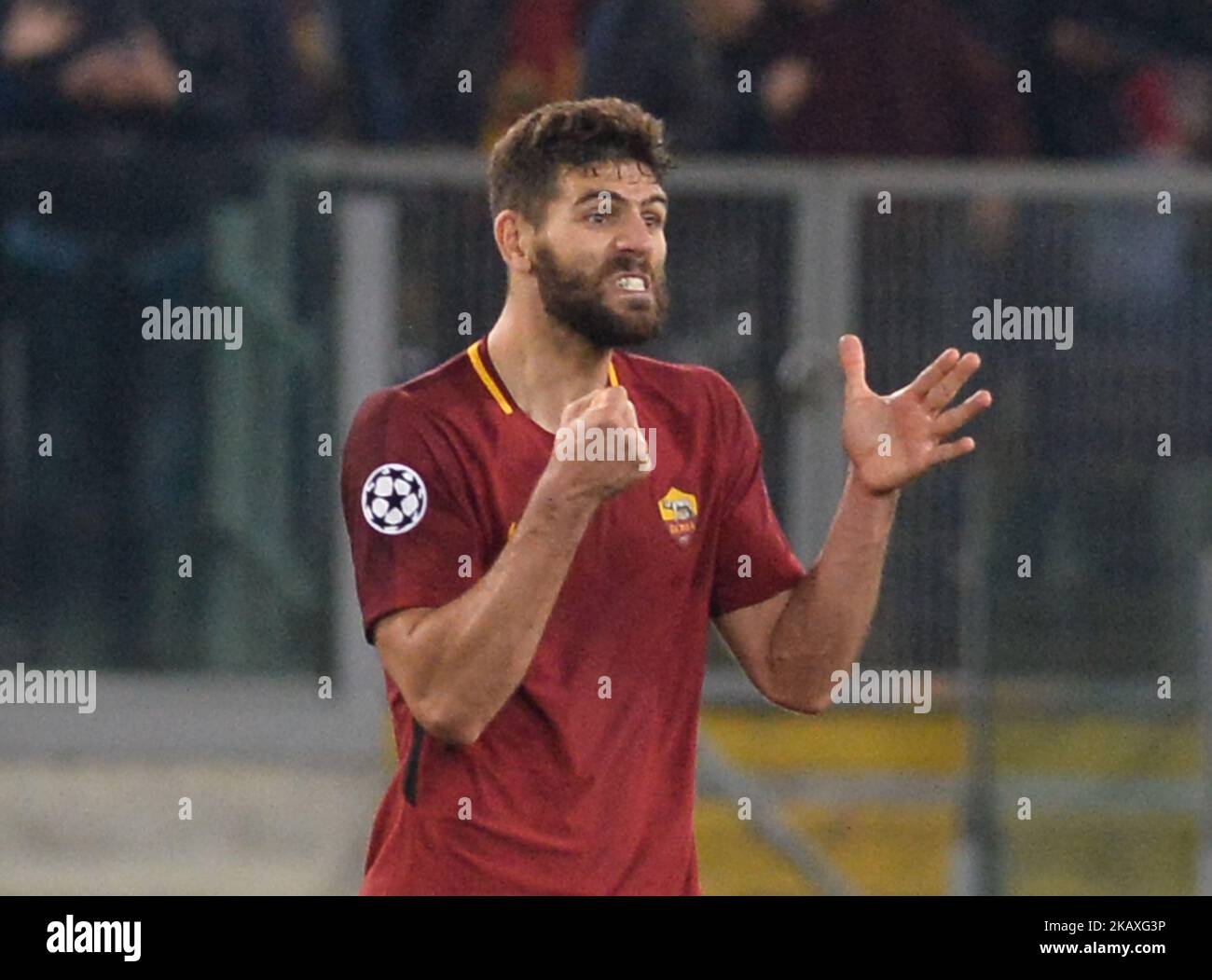 Federico Fazio celebrates during the UEFA Champions League quarter final match between AS Roma and FC Barcelona at the Olympic stadium on April 10, 2018 in Rome, Italy. (Photo by Silvia Lore/NurPhoto) Stock Photo