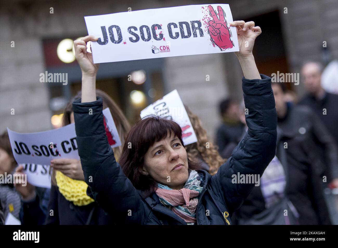 Thousands of protesters support the pro-independence activist arrested by Guardia Civil (spanish military police) and Mossos d'Esquadra (Catalan autonomous police) linked to the CDR (Comitès de Defensa de la República - Republlic's Defenders Comitee), holding banners with the text 'Jo sóc CDR' (I'm CDR) in Catalonia in Barcelona, Catalonia, Spain on April 10, 2018. (Photo by Miquel Llop/NurPhoto) Stock Photo