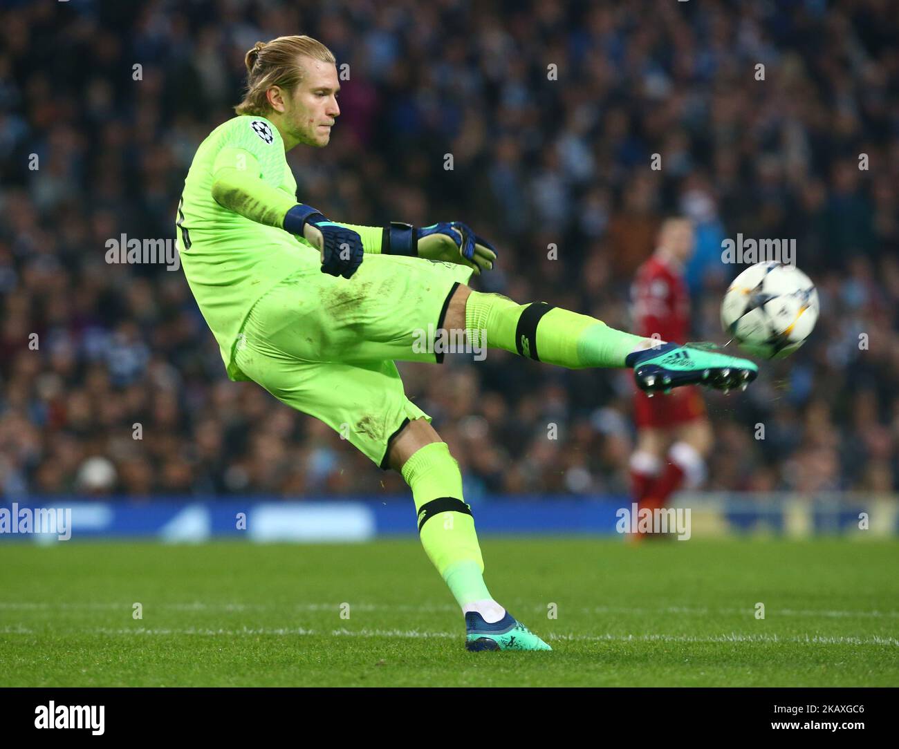 Liverpool's Ederson during the UEFA Champions League Quarter Final Second Leg match between Manchester City and Liverpool at Etihad Stadium on April 10, 2018 in Manchester, England. (Photo by Kieran Galvin/NurPhoto)  Stock Photo