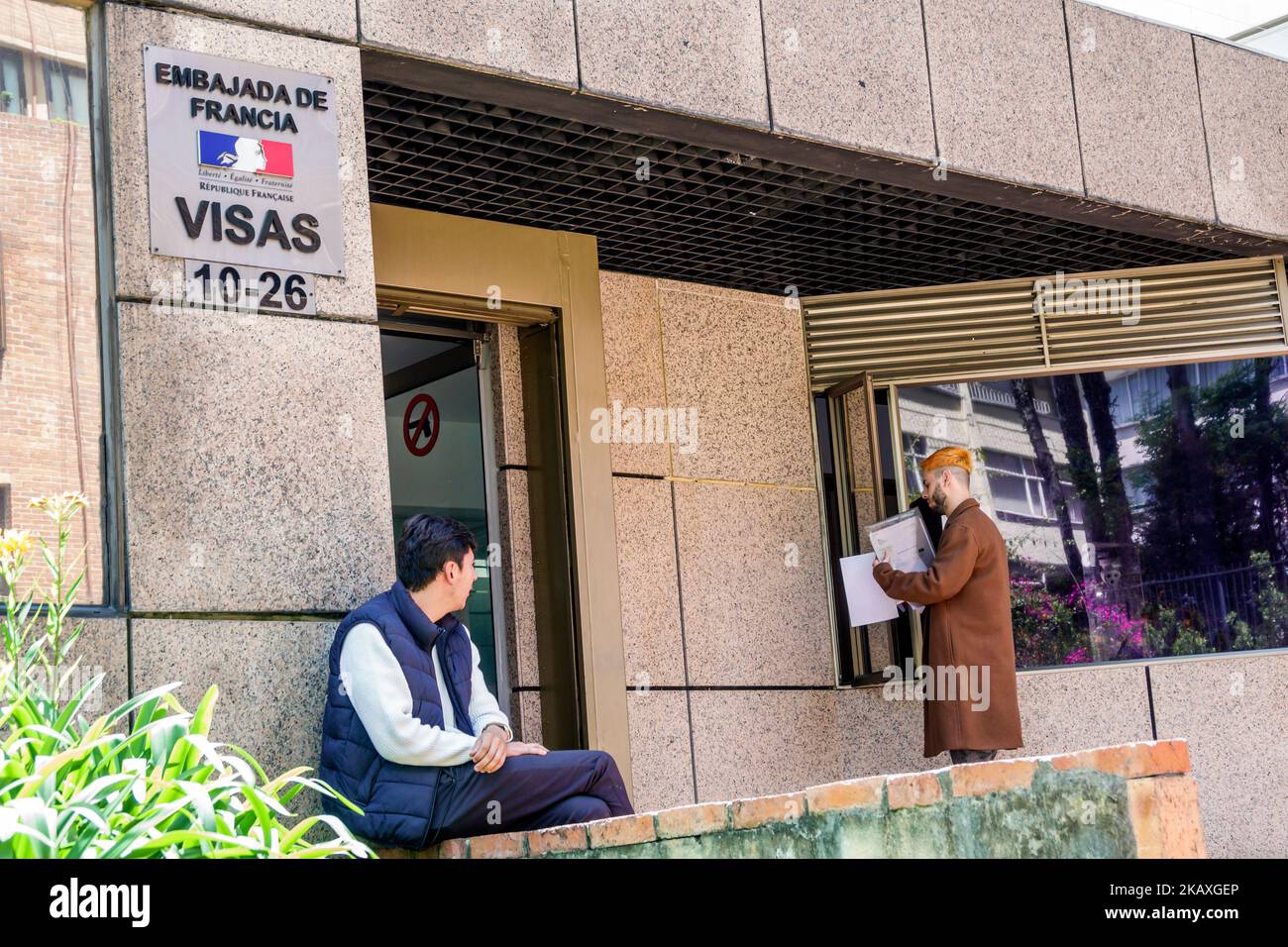 Bogota Colombia,El Chico Calle 93,man men male,French France Embassy Visa Visas request requests outside exterior front entrance,Colombian Colombians Stock Photo