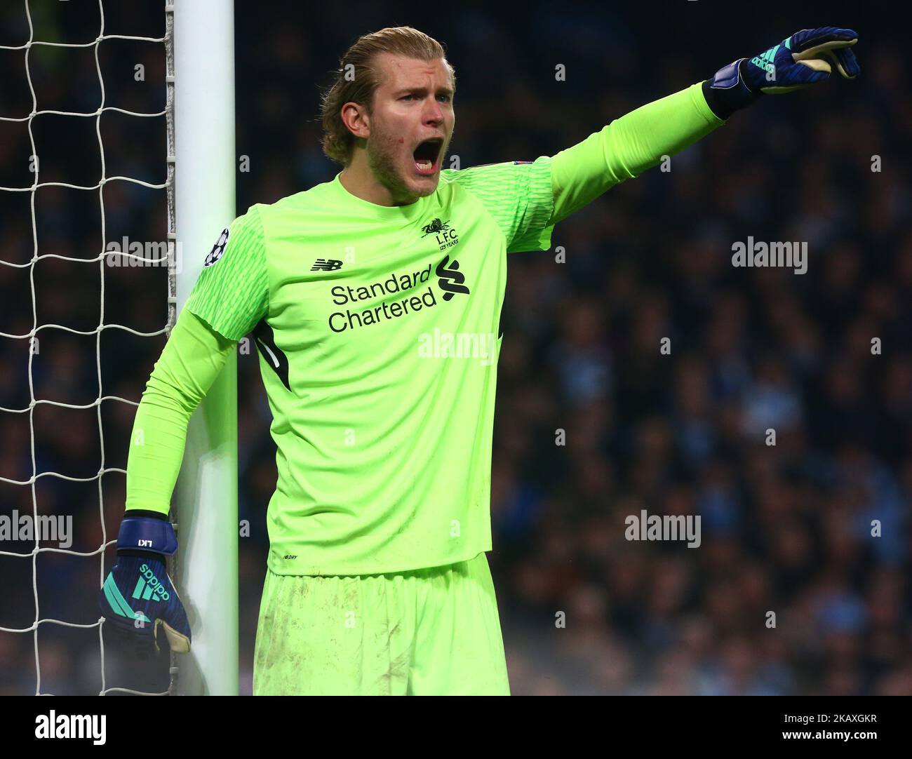 Liverpool's Loris Karius during the UEFA Champions League Quarter Final Second Leg match between Manchester City and Liverpool at Etihad Stadium on April 10, 2018 in Manchester, England. (Photo by Kieran Galvin/NurPhoto)  Stock Photo
