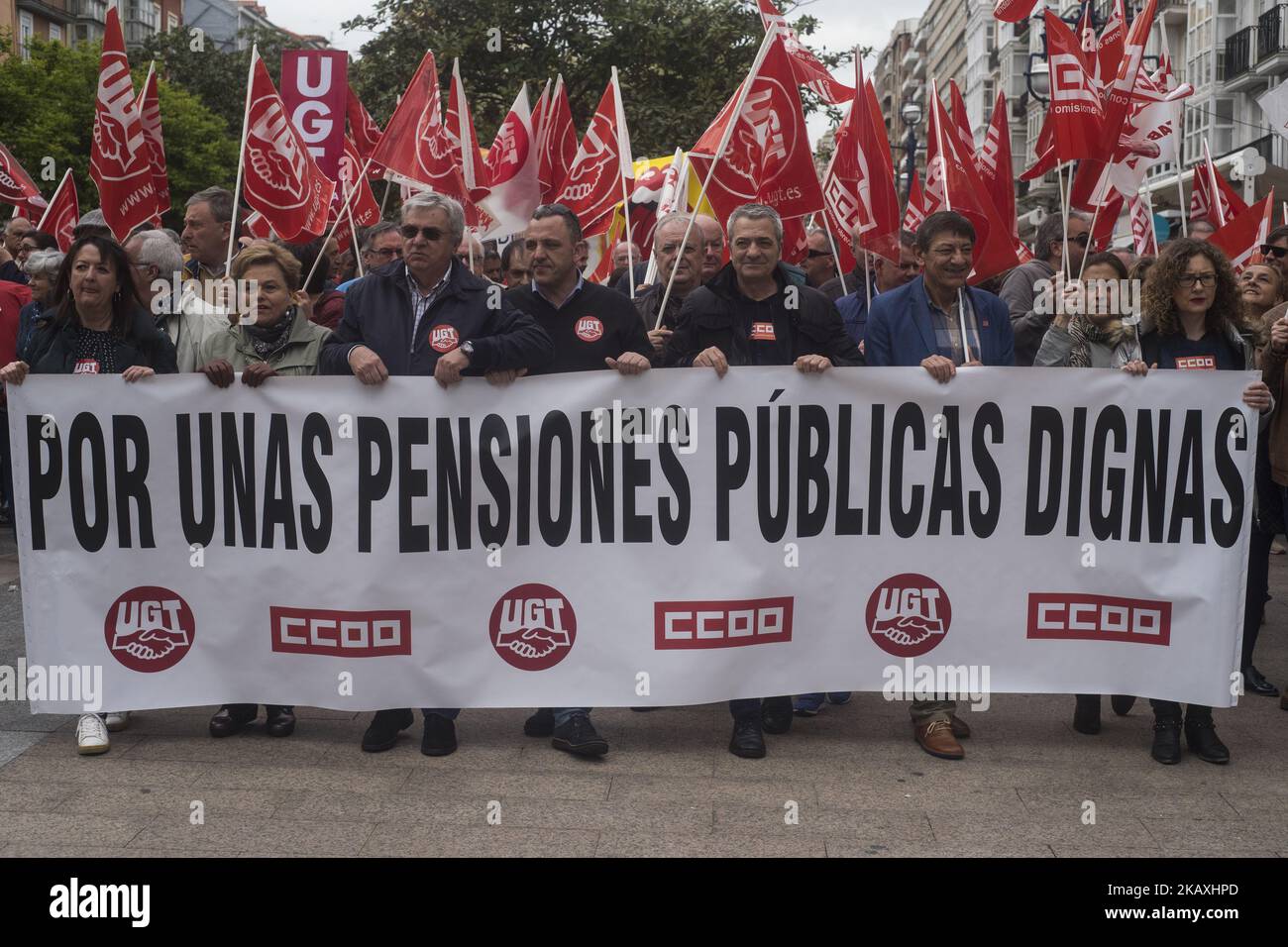Demonstration for decent pensions convened by the majority unions CCOO and UGT in Santander, Spain, on April 15, 2018. More than a thousand people have supported this Sunday, protest and demonstration called by the federations of retirees and pensioners of UGT and CCOO in Cantabria in defense of 'decent public pensions.' The march is the second one since last year when unions began the mobilizations for a 'decent pensions' between the Plaza Numancia and the Pereda Gardens. (Photo by Joaquin Gomez Sastre/NurPhoto) Stock Photo