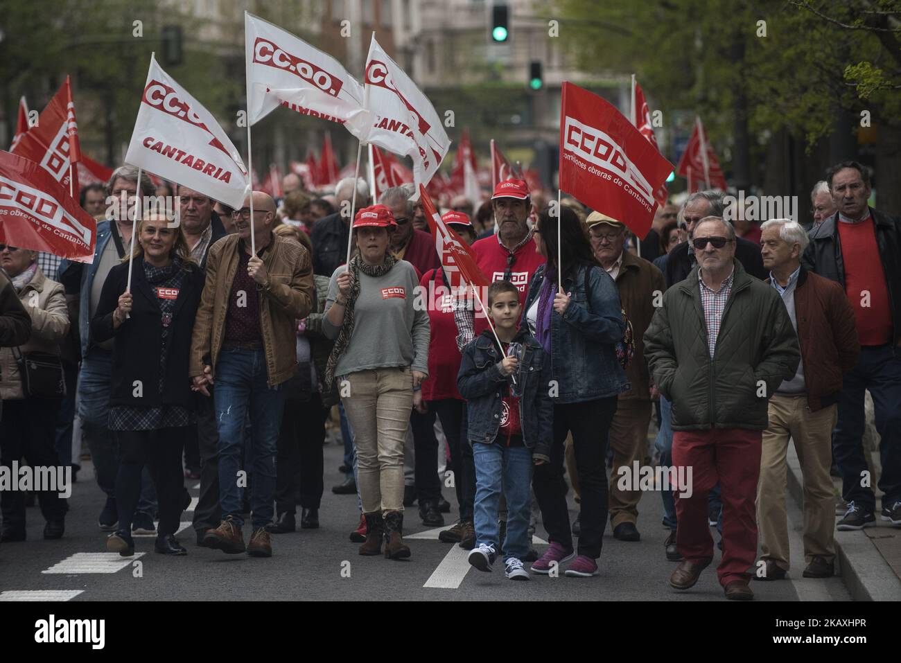 The majority unions (UGT and CCOO) called a demonstration at the national level to claim decent pensions in Santander, Spain, on April 15, 2018. More than a thousand people have supported this Sunday, protest and demonstration called by the federations of retirees and pensioners of UGT and CCOO in Cantabria in defense of 'decent public pensions.' The march is the second one since last year when unions began the mobilizations for a 'decent pensions' between the Plaza Numancia and the Pereda Gardens. (Photo by Joaquin Gomez Sastre/NurPhoto) Stock Photo