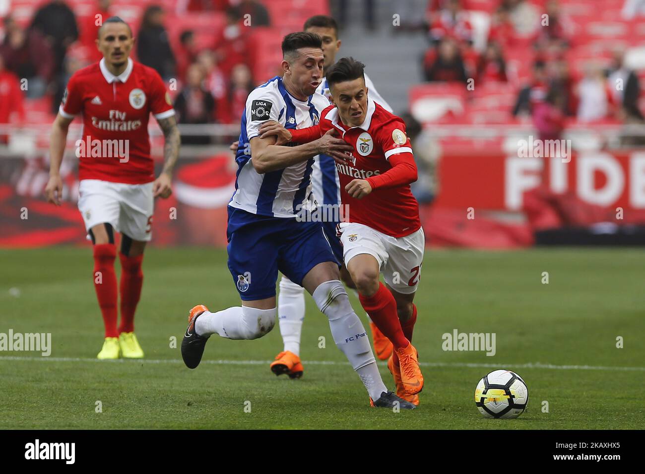 FC Porto Midfielder Hector Herrera from Mexico (L) and SL Benfcas Midfielder Franco Cervi from Argentina (R) during the Premier League 2017/18 match between SL Benfica v FC Porto, at Luz Stadium in Lisbon, Portugal on April 15, 2018. (Photo by Bruno Barros / DPI / NurPhoto) Stock Photo