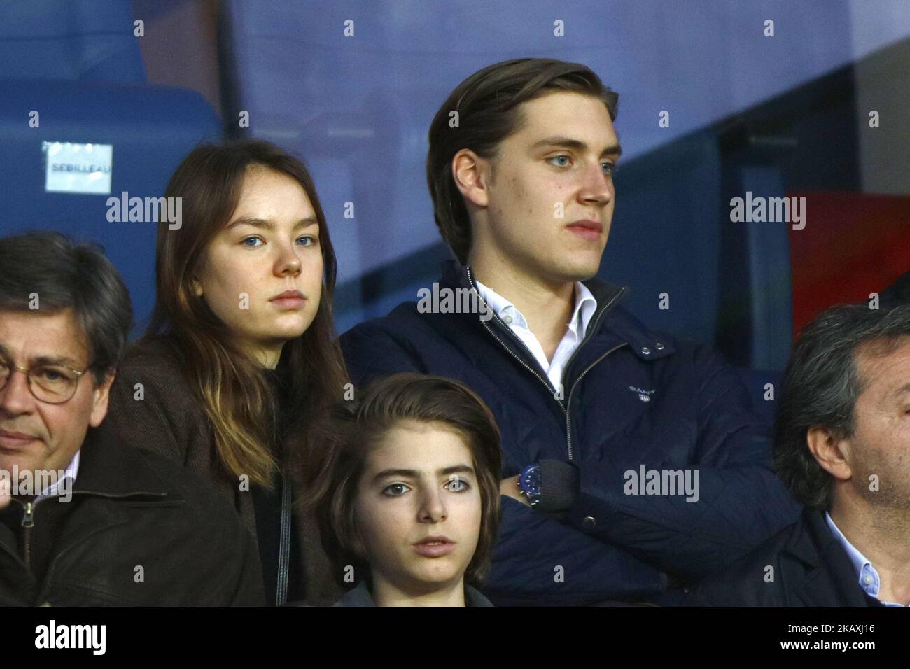 Princess Alexandra of Hanover and boyfriend Ben Sylvester Strautmann attend the Ligue 1 match between Paris Saint Germain (PSG) and AS Monaco (ASM) at Parc des Princes stadium on April 15, 2018 in Paris, France. (Photo by Mehdi Taamallah/NurPhoto) Stock Photo