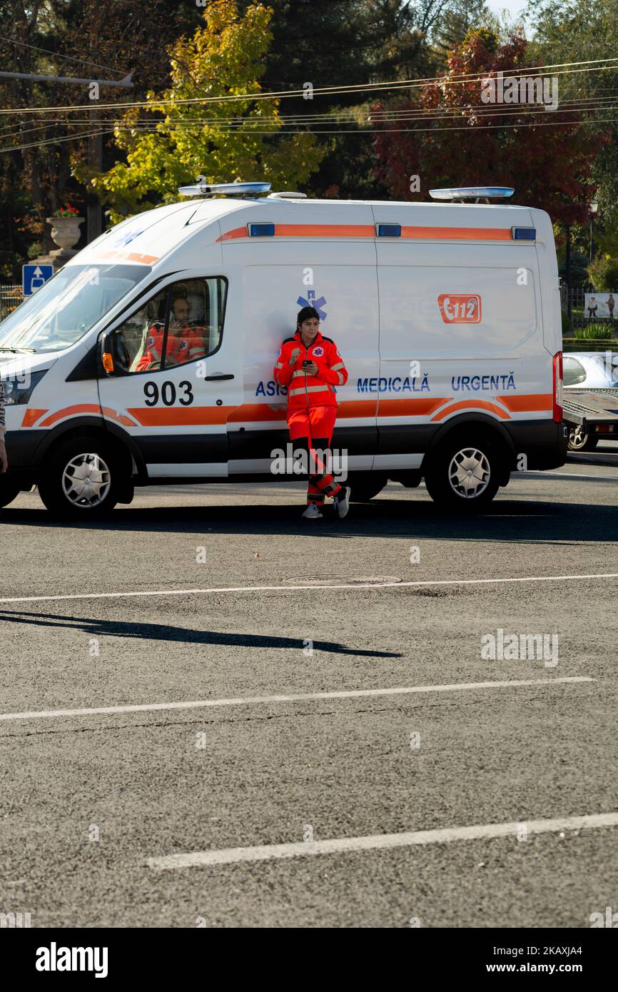 Chisinau, Moldova - October 15, 2022: An ambulance on the Great