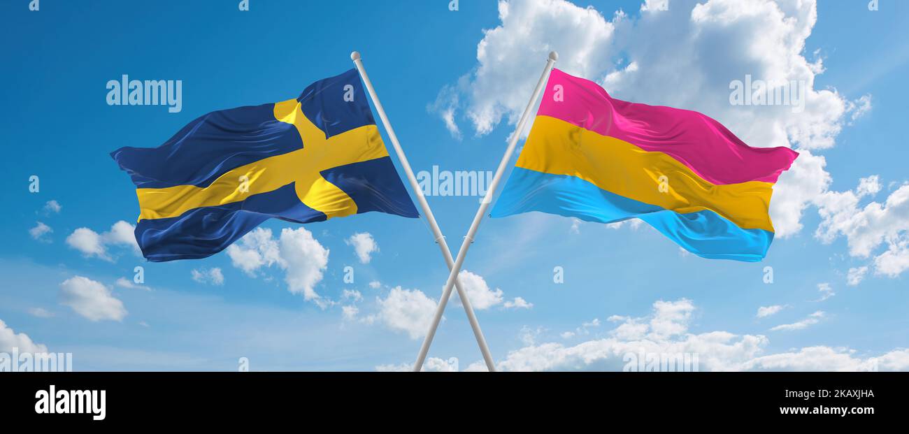 two crossed flags Pansexuality Pride and Sweden waving in wind at ...
