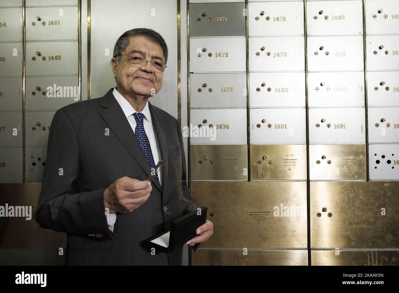 Nicaraguan writer Sergio Ramirez during a ceremony where Ramirez has granted his legacy in the 'Letters' Box' ('Caja de las Letras') at the Cervantes Institute in Madrid, Spain on April 20, 2018. Ramirez will receive the 2017 Cervantes Prize, the highest literary honor of the Spanish-speaking world, in a ceremony that will take place at the assembly hall of the University of Alcala de Henaresthe on April 23. (Photo by Oscar Gonzalez/NurPhoto) Stock Photo