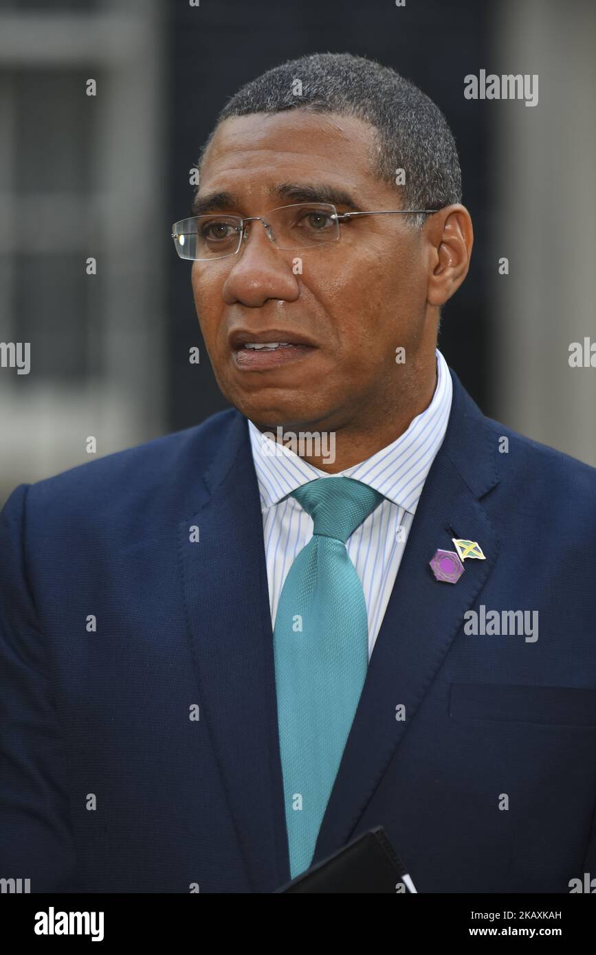Jamaicas Prime Minister Andrew Holmes speaks to the media after he attended a meeting with Theresa May to discuss the Windrush generation controversial about immigration from Caribbean sidelines of the Commonwealth Head of Government Meeting (CHOGM), London on April 17, 2018. (Photo by Alberto Pezzali/NurPhoto) Stock Photo