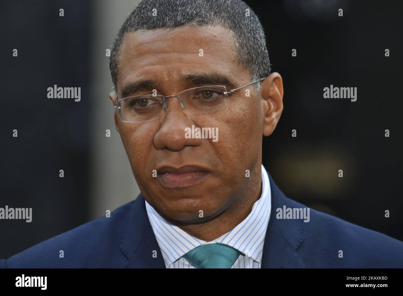 Jamaicas Prime Minister Andrew Holmes speaks to the media after he attended a meeting with Theresa May to discuss the Windrush generation controversial about immigration from Caribbean sidelines of the Commonwealth Head of Government Meeting (CHOGM), London on April 17, 2018. (Photo by Alberto Pezzali/NurPhoto) Stock Photo