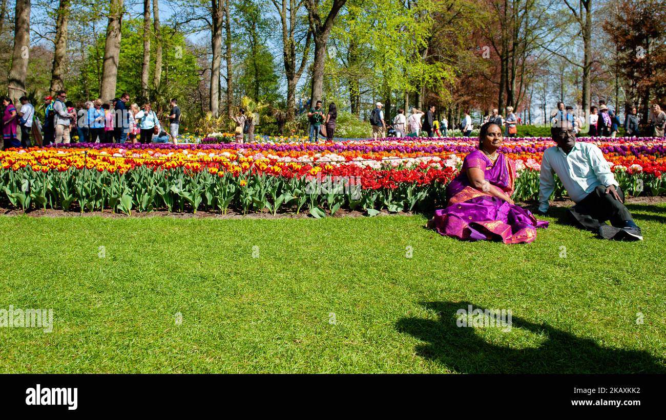 April 21, 2018 - Lisse. Keukenhof is also known as the Garden of Europe one of the world's largest flower gardens in Lisse, The Netherlands. The theme for Keukenhof 2018 is 'Romance in Flowers'. The park houses many early flowering species and the Willem-Alexander pavilion is already showing over 500 varieties of flowering tulip. Keukenhof is the place to enjoy millions of flowering tulips, daffodils and other bulb flowers this spring. By the time it closes on 13 May 2018, the flower exhibition will have received over one million visitors from across the globe. (Photo by Romy Arroyo Fernandez/ Stock Photo