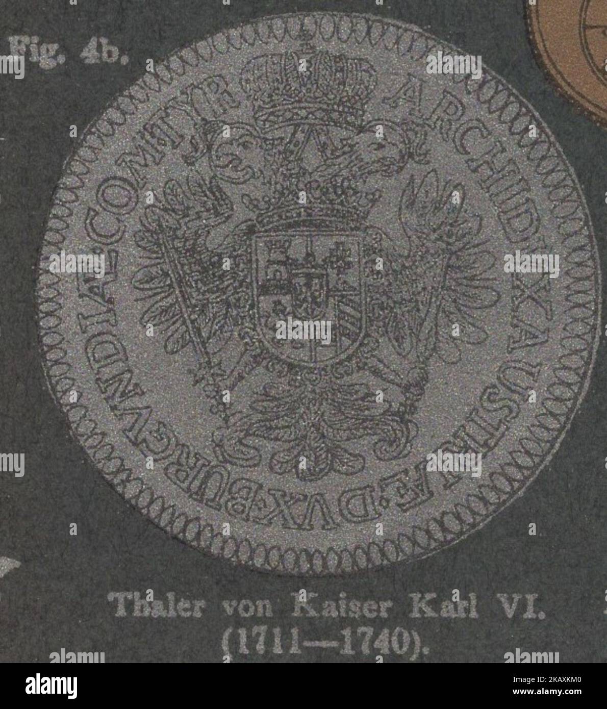 Antique 19th century germany numismatic illustrated catalogue with interesting printing technics / Antiker numismatischer illustrierter Katalog aus dem 19. Jahrhundert mit interessanter Drucktechnik : Thaler von Kaiser Karl VI. ( 1711- 1740 ) / Thaler of Emperor Charles VI ( 1711- 1740 ) /  Holy Roman Emperor / Austrian Empire / king of Hungary Stock Photo