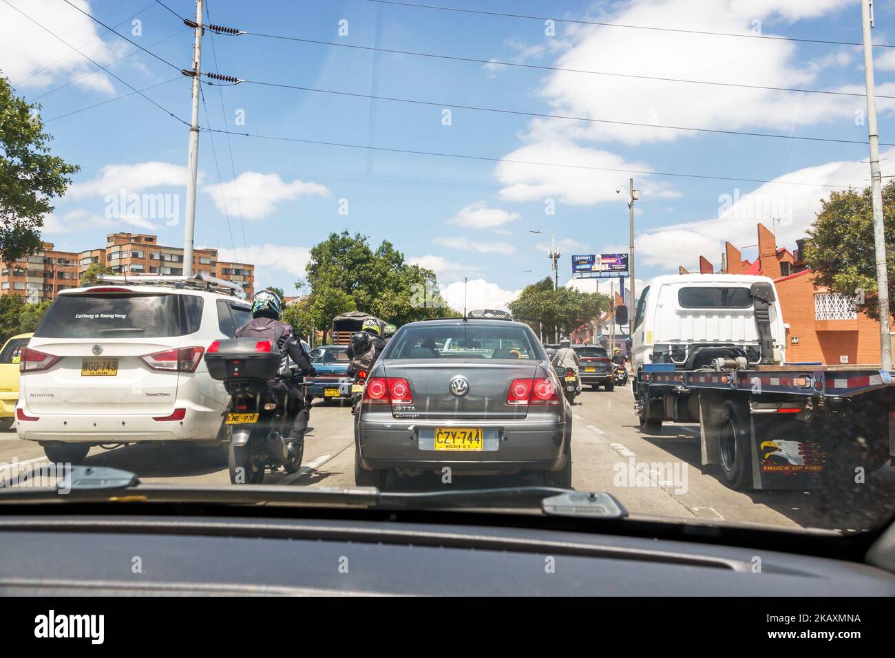 Bogota Colombia,El Chico Uber ride traffic cars vehicles motorcycle,Colombian Colombians Hispanic Hispanics South America Latin American Americans Stock Photo