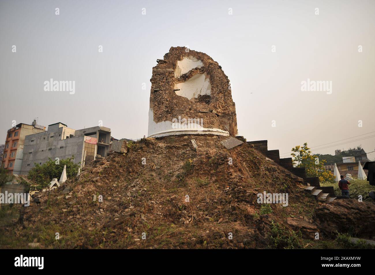A reminisce part of historic tower Dharahara knocked down on April 25, 2015 Gorkha Earthquake remembered during third anniversary in Kathmandu, Nepal on Wednesday, April 25, 2018. Most of the centuries-old monuments and houses were completely or partially destroyed in the catastrophic 7.8 magnitude earthquake that killed over 9,000 people, leaving thousands injured. (Photo by Narayan Maharjan/NurPhoto) Stock Photo
