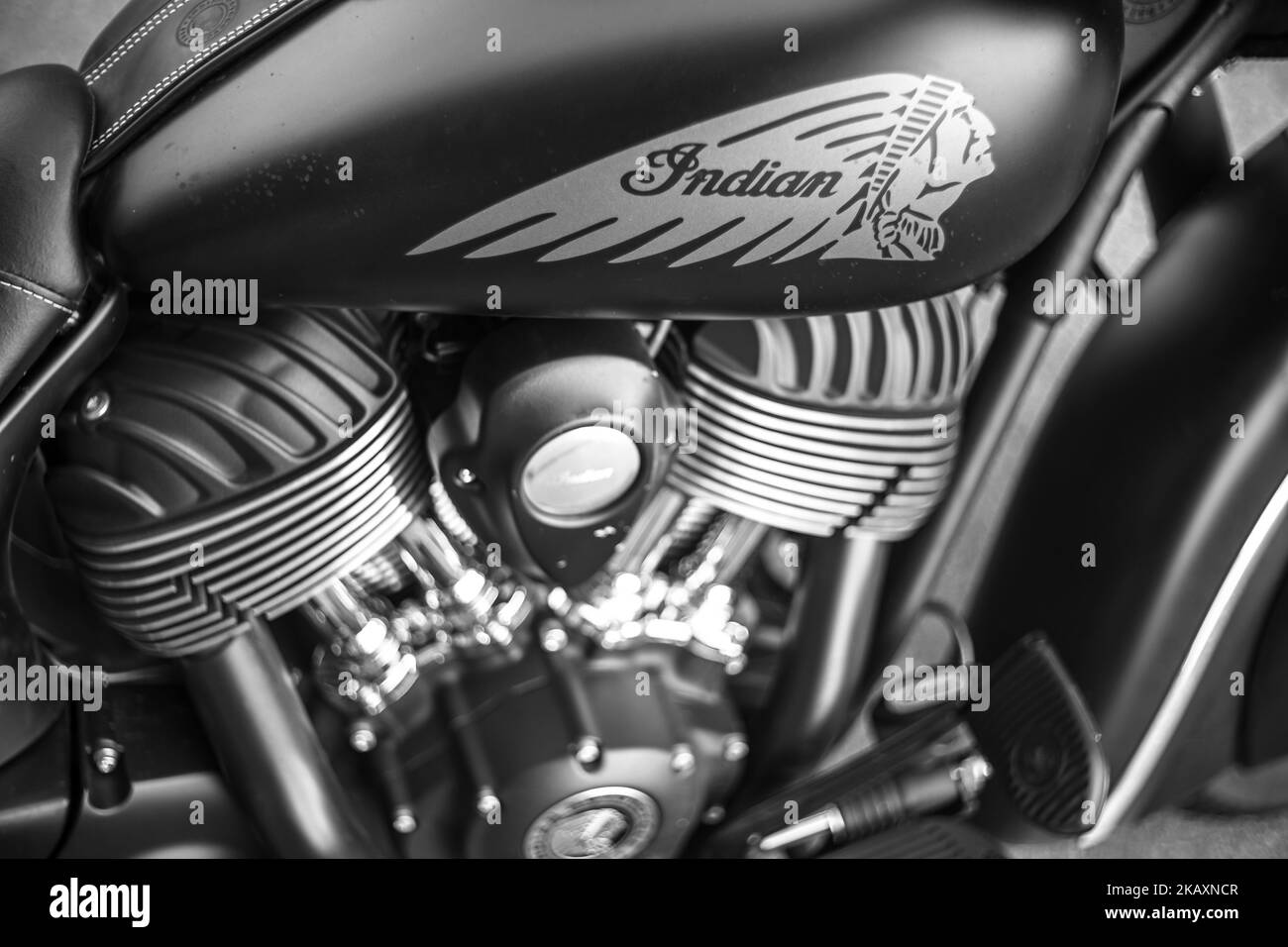 An Indian Motorcycles engine with retro design, grayscale Stock Photo