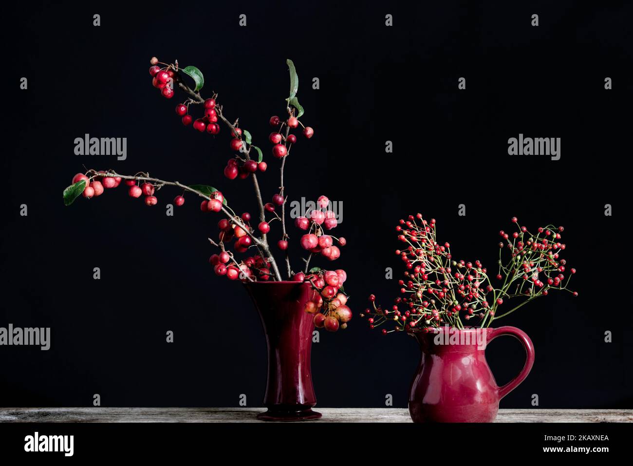 Branches of ornamental apple and red berries in red vases Stock Photo