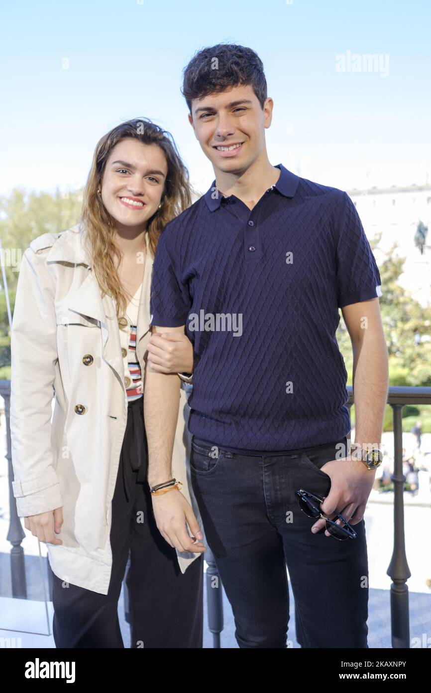 Spanish singers who represent Spain for 2018 Eurovision Song Contest, Amaia Romero and Alfred GarcÃa, pose for the media prior to departing for Lisbon, in Madrid, Spain, 27 April 2018. Amaia and Alfred will participate in the 63 edition of the contest, which takes place the upcoming 12 May in Lthe Portuguese capital (Photo by Oscar Gonzalez/NurPhoto) Stock Photo