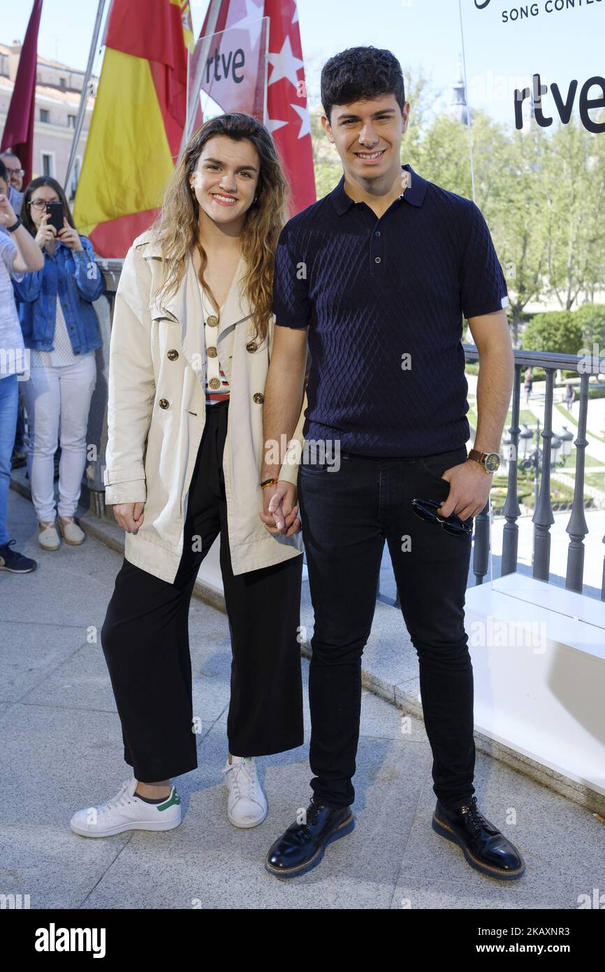 Spanish singers who represent Spain for 2018 Eurovision Song Contest, Amaia Romero and Alfred GarcÃa, pose for the media prior to departing for Lisbon, in Madrid, Spain, 27 April 2018. Amaia and Alfred will participate in the 63 edition of the contest, which takes place the upcoming 12 May in Lthe Portuguese capital (Photo by Oscar Gonzalez/NurPhoto) Stock Photo