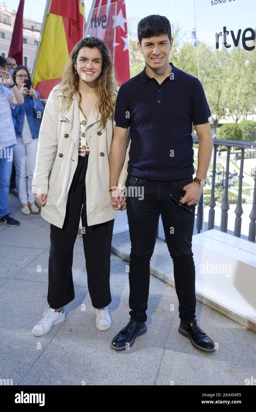 Spanish singers who represent Spain for 2018 Eurovision Song Contest, Amaia Romero and Alfred GarcÃa, pose for the media prior to departing for Lisbon, in Madrid, Spain, 27 April 2018. Amaia and Alfred will participate in the 63 edition of the contest, which takes place the upcoming 12 May in Lthe Portuguese capital (Photo by Oscar Gonzalez/NurPhoto) Stock Photo