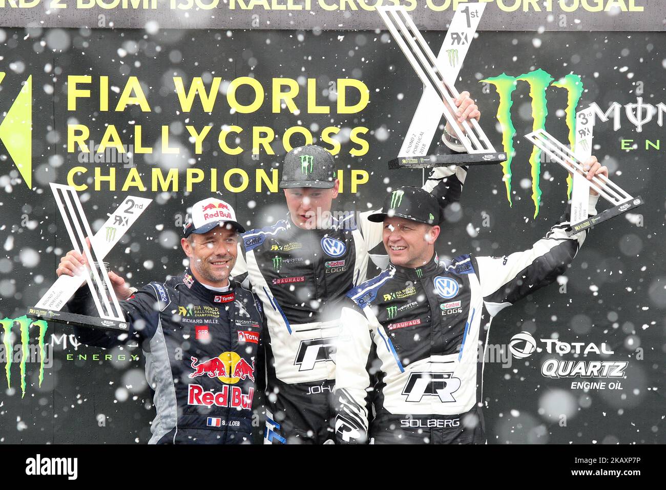Johan KRISTOFFERSSON winner of race (C), Sebastien LOEB (L) and Petter SOLBERG (R) in Podium Ceremony during the World RX of Portugal 2018, at Montalegre International Circuit, on April 29, 2018 in Montalegre, Portugal. (Photo by Paulo Oliveira / DPI / NurPhoto) Stock Photo