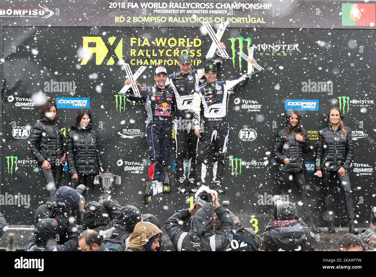 Johan KRISTOFFERSSON winner of race (C), Sebastien LOEB (L) and Petter SOLBERG (R) in Podium Ceremony during the World RX of Portugal 2018, at Montalegre International Circuit, on April 29, 2018 in Montalegre, Portugal. (Photo by Paulo Oliveira / DPI / NurPhoto) Stock Photo