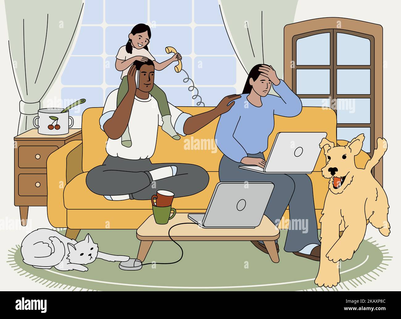 Flat family work on laptop from home with naughty kid and noisy domestic pets. Stressed exhausted freelancer parents working in mess room.Tired mom burnout, fatigue father or multitasking concept. Stock Vector